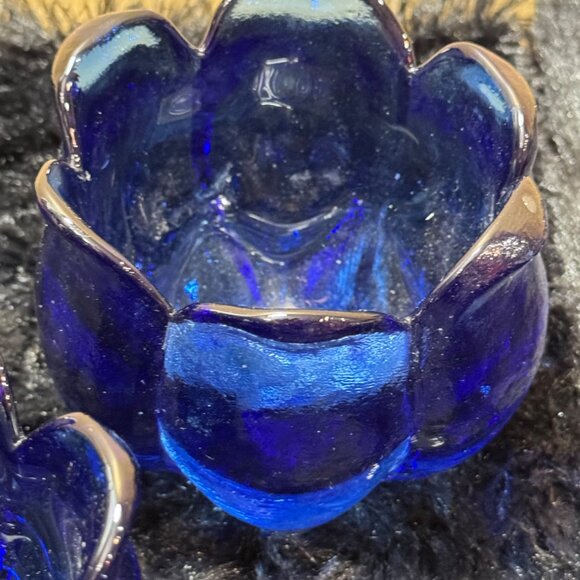 Vintage Cobalt Blue Recycled Glass Tulip Shape  Shaped Candle Holders  Set Of 2 - Picture 3 of 8